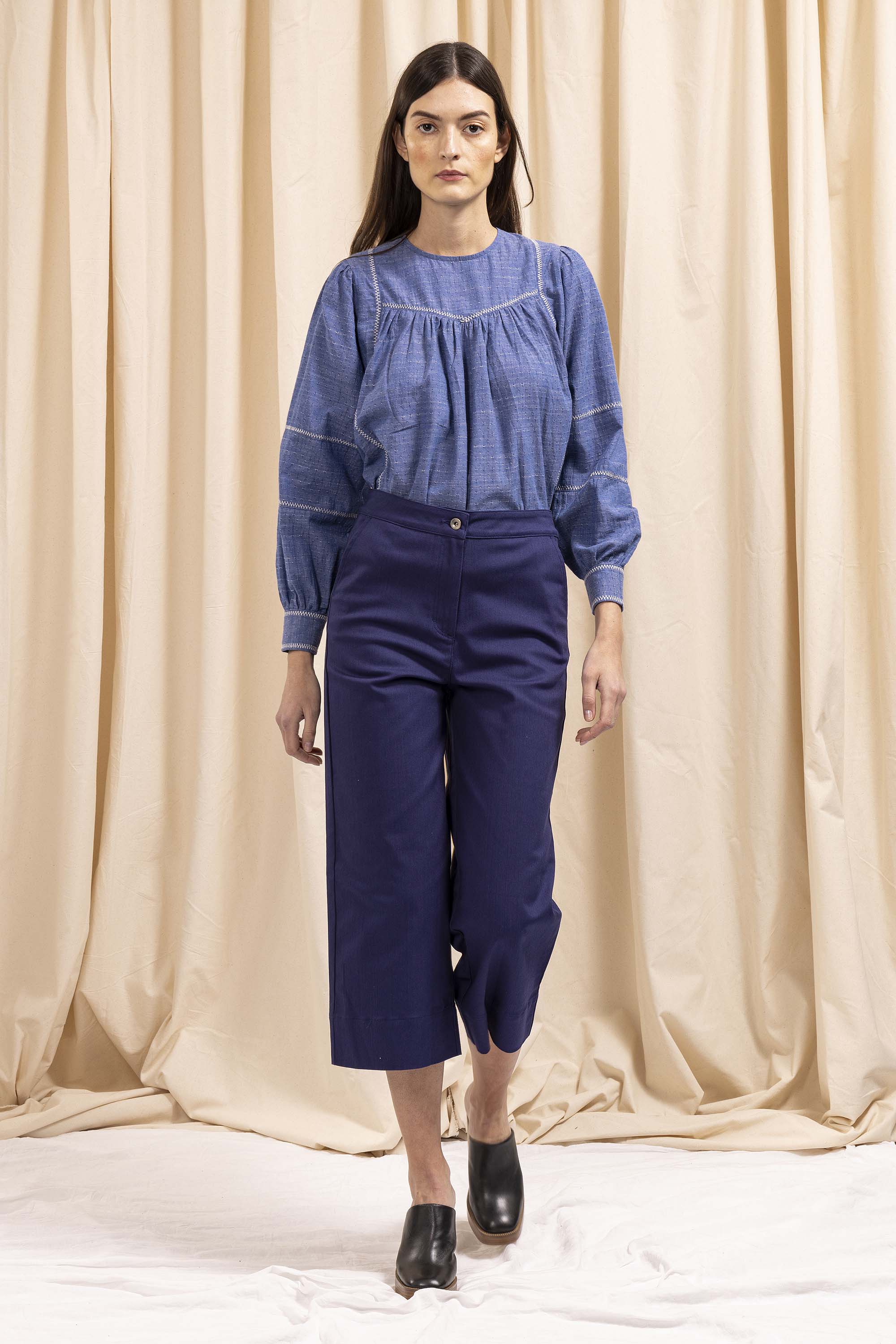 Twill Wide Leg Cropped Trousers, Blue